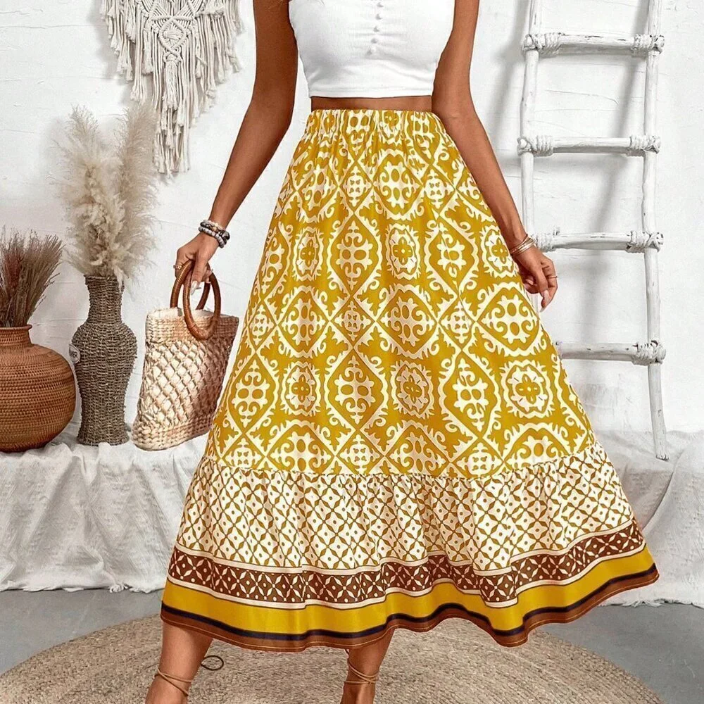 Yellow Boho Women's Vacation Style Allover Print Skirt